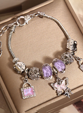 潘家风格手链女网红森系小众轻奢紫色琉璃珠可爱蝴蝶吊坠手串手环