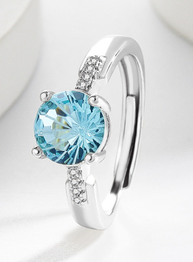 欧美跨境镀白k璀璨超闪蓝托帕烟花切小蛮腰感女镶指