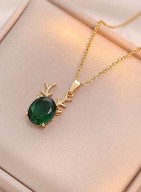 项链女 网红一路有你锆石祖母绿小众时尚新款设计感气质钛钢项链