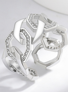 欧美跨境镀白k璀璨超闪方块连锁镂空经典感女式镶指