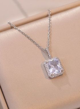 项链女网红彩色锆石几何小众时尚新款设计感吊坠气质套装钛钢项链