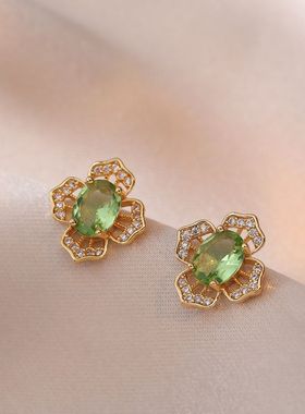 项链女网红四叶花锆石花朵小众时尚新款设计感吊坠气质套装钛钢项