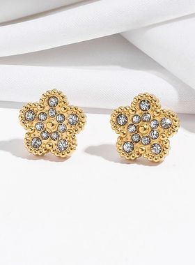 项链女 网红五瓣草锆石花朵小众耳环设计感手链气质套装钛钢项链