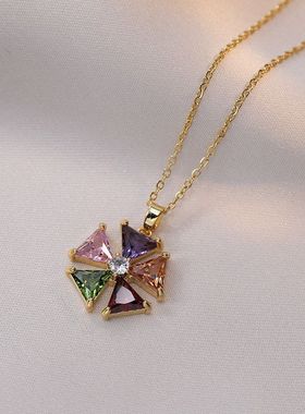 项链女网红彩色锆石几何小众时尚新款设计感吊坠气质套装钛钢项链