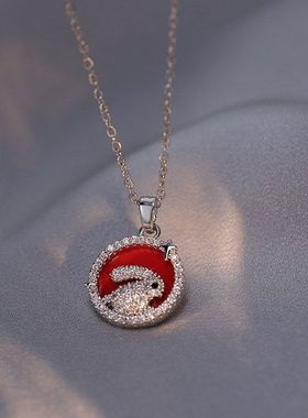 项链女 镶钻红色小众设计兔子锆石生肖兔吊坠项饰饰品钛钢项链