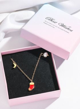 项链女 跨境圣诞款袜子淡水珍珠月亮新款设计感月亮气质钛钢项链