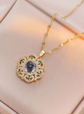 项链女 网红祖母绿锆石花朵小众时尚新款设计感吊坠气质钛钢项链