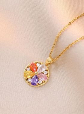 项链女跨境网红七彩锆石花朵小众简约新款设计感吊坠气质钛钢项链