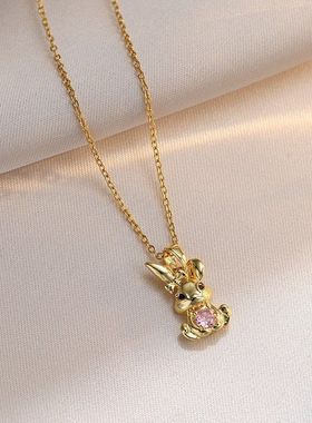 钛钢项链女 日韩风简约ins时尚耳环风兔子锆石套装锁骨链女