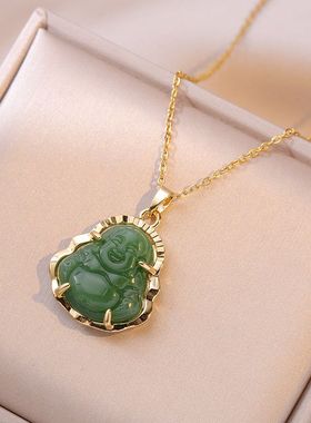 项链女 网红绿色锆石笑笑佛小众简约新款设计感吊坠气质钛钢项链
