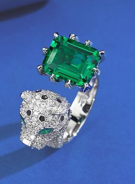 辉之翼珠宝S925银戒指高碳钻豹子系列仿真祖母绿8*10mm猎豹戒指环