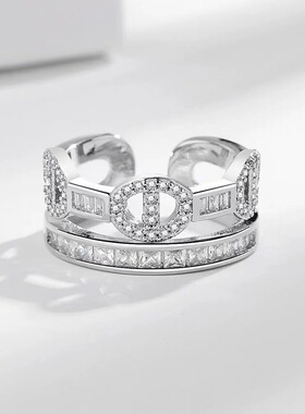 跨境欧美猪鼻子设计感锆石满钻钻戒排戒戒指双层潮流女士戒指批发