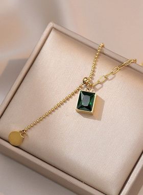 项链女 网红祖母绿锆石几何小众时尚新款设计感吊坠气质钛钢项链