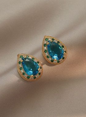 项链女网红蓝宝石锆石几何小众时尚新款设计吊坠气质套装钛钢项链