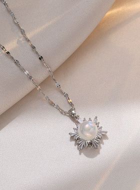 钛钢项链女 直播人鱼姬珍珠18K金雪花满钻微镶梯方锆石闪耀锁骨链