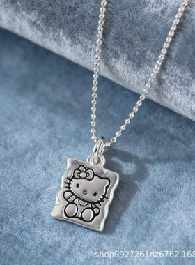 S925纯银凯蒂猫咪HelloKitty方牌项链女韩版ins甜美可爱风锁骨链