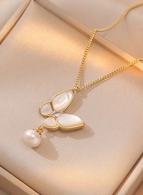 项链女原创网红天然淡水珍珠蝴蝶锆石小众时尚设计感气质套装钛钢