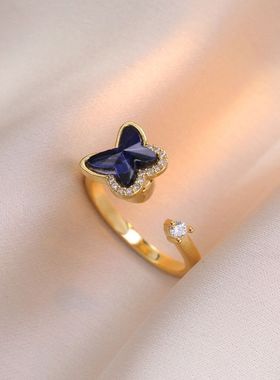 项链女网红跨境旋转蝴蝶锆石小众时尚戒指设计感气质套装钛钢项链