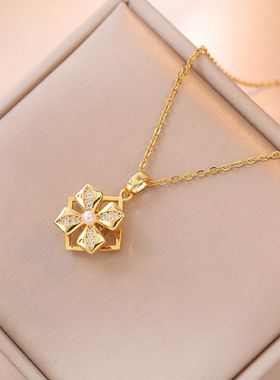 项链女 跨境网红四叶花锆石花朵小众时尚设计感气质套装钛钢项链