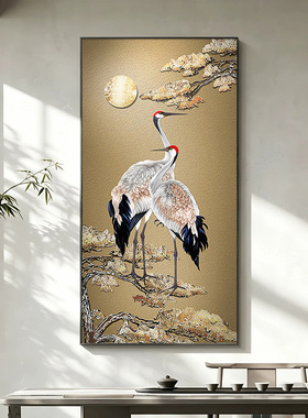 新中式松鹤延年玄关背景墙挂画大气走廊过道壁画金色迎客松装饰画