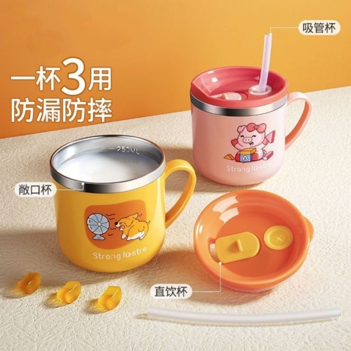 儿童水杯家用不锈钢防摔带刻度吸管奶瓶喝奶喝饮水杯子宝宝牛奶杯 - 图3