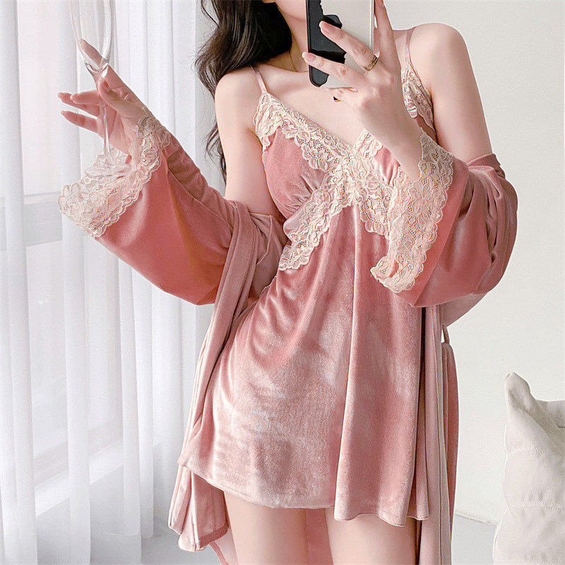 金丝绒睡衣女秋冬长袖睡袍春秋季性感蕾丝吊带睡裙袍带胸垫两件套,淘宝优惠券,粉丝福利购,淘宝优惠卷