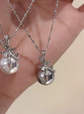 人造澳白珍珠吊坠项链纯银锁骨链