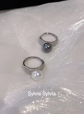 单颗银灰澳白珍珠戒指纯银可调节