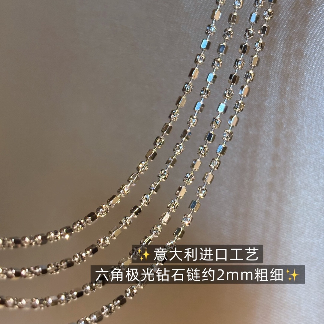 意大利进口工艺纯银镀白金极光钻石链高级感翡翠玉石珍珠吊坠项链 - 图0