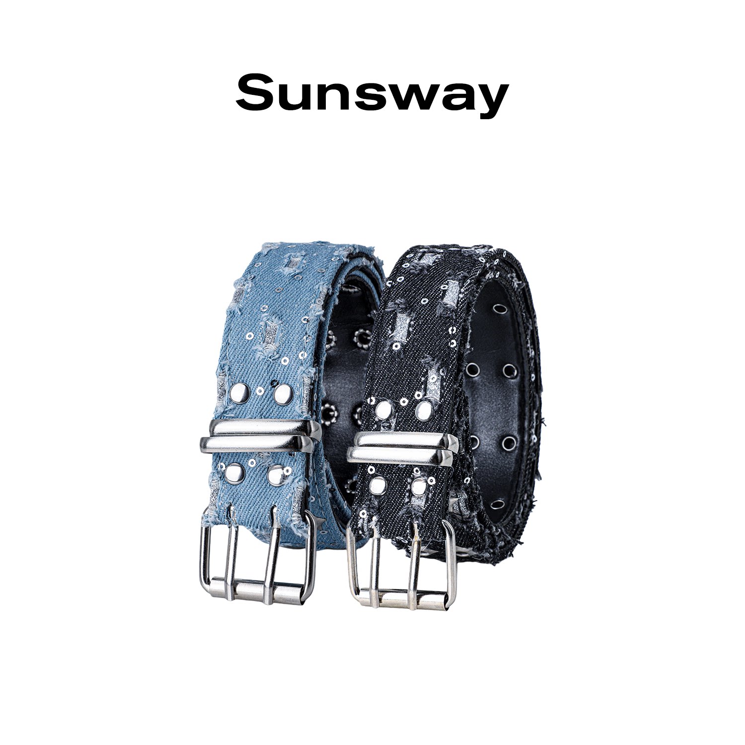 SUNSWAY原创做旧蓝色牛仔布腰带男女星星铆钉y2k破碎小众潮皮带