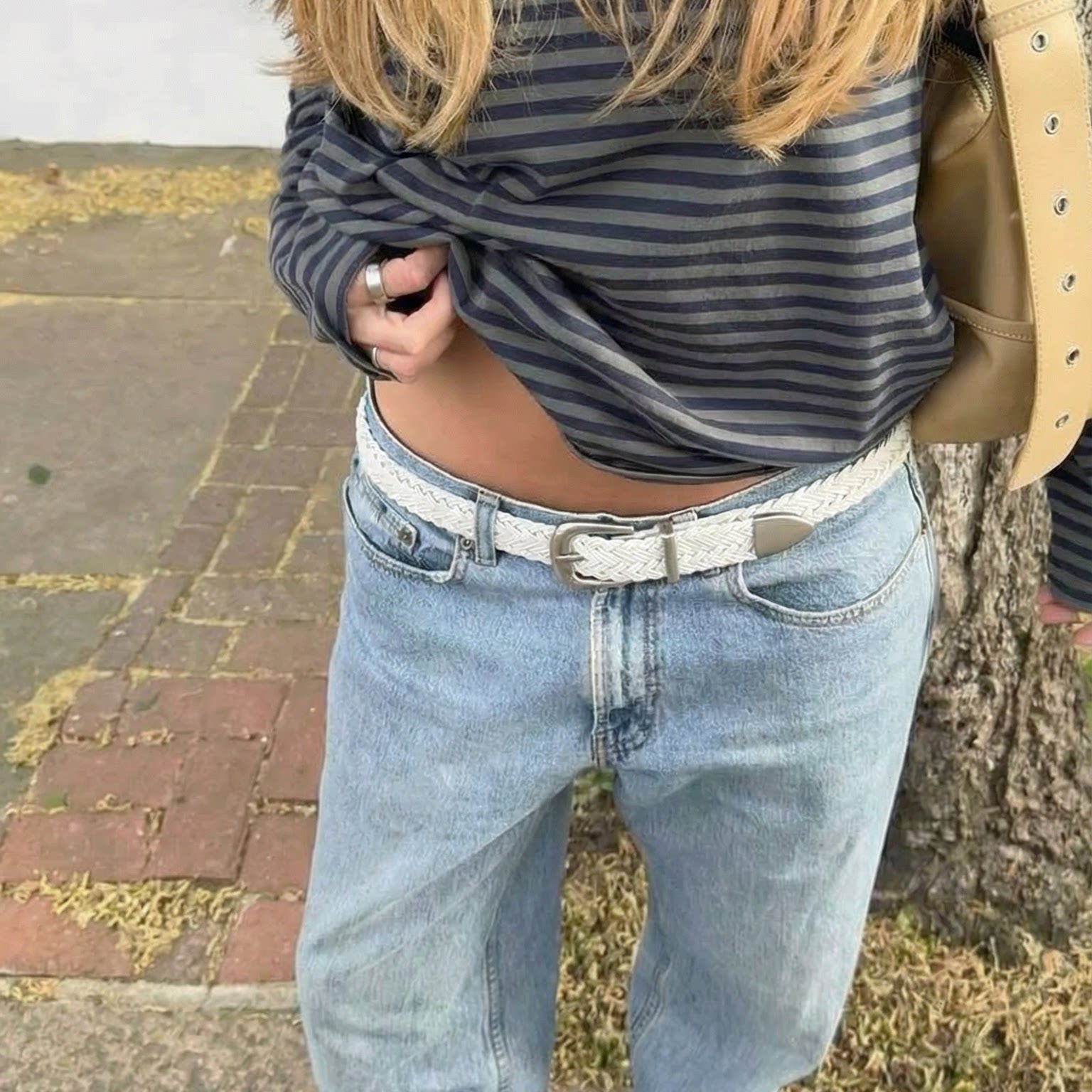 sunsway编织复古腰带女真皮免打孔金属白色简约高级百搭装饰皮带