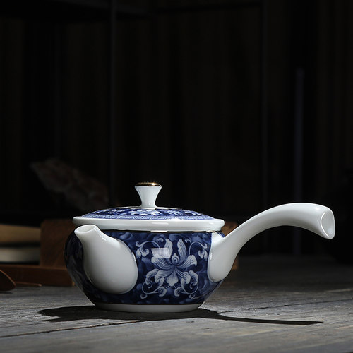 新品 锦上添花侧把青花瓷茶壶 悦心壶手工陶瓷壶功夫茶具描金壶 - 图0
