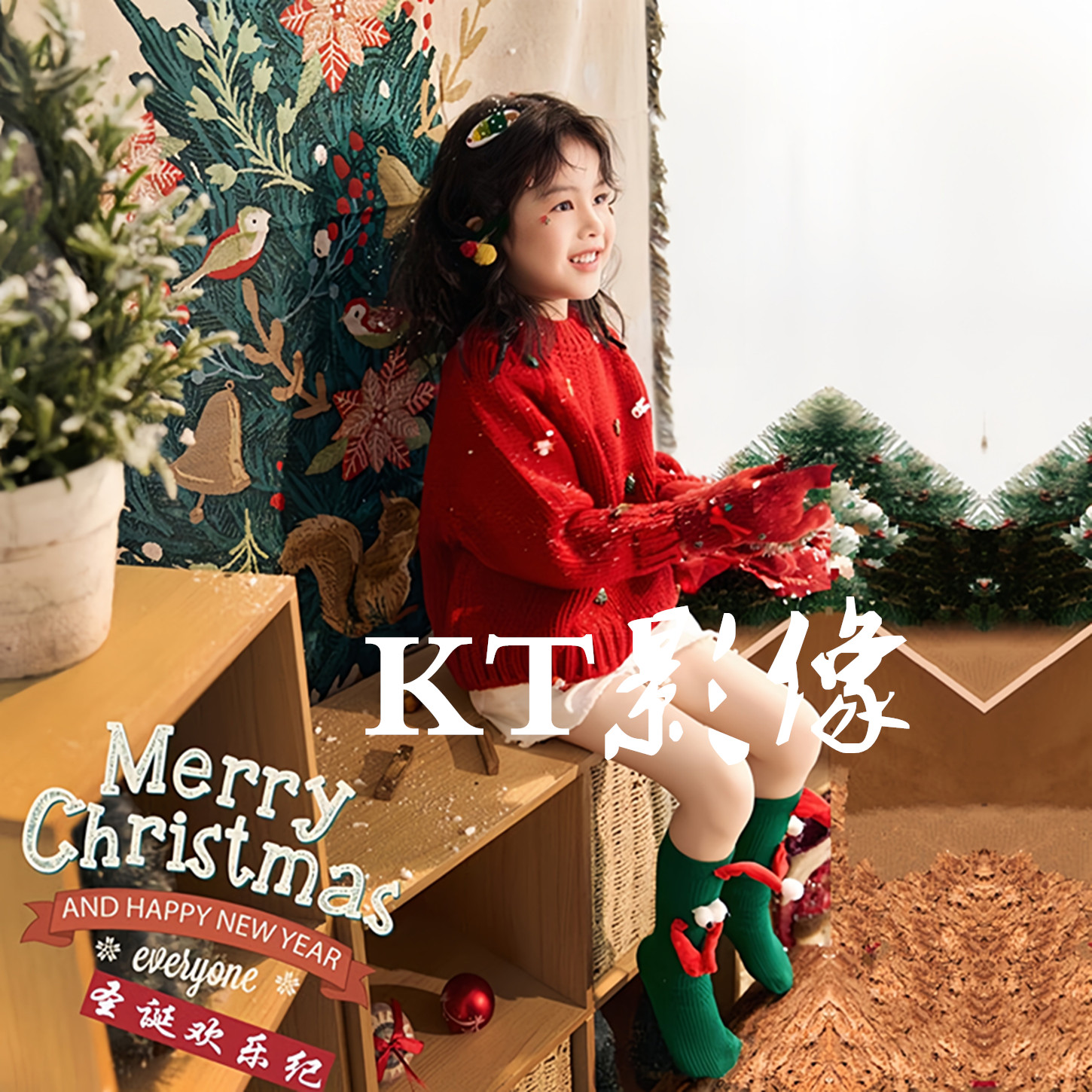 2025新款女童新年圣诞红色毛衣主题摄影写真儿童舞台走秀演出服装 - 图2