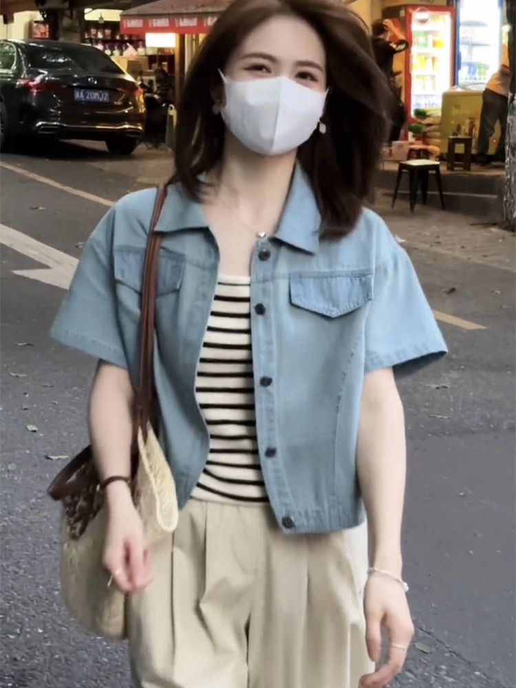 薄款短袖设计感牛仔衬衫女2024夏新款休闲百搭爆款短款小外套披肩