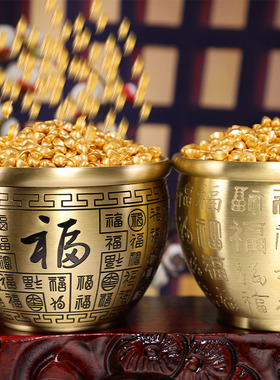 铜质百福缸纯黄铜百福缸小酒杯摆件招米财缸小铜器聚宝盆烟灰缸