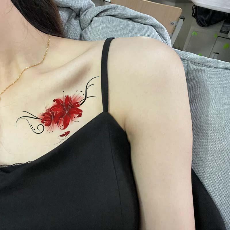 彩色彼岸花纹身贴锁骨手臂遮挡疤痕性感魅惑高级感半永久防水女 - 图1