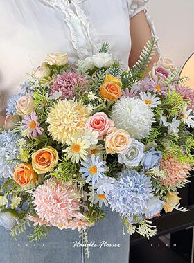 田园ins拉丝球菊玫瑰花仿真花假花花束小清新仿生手捧花干花绢花