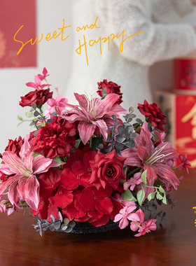 轻奢高端红色仿真花桌花摆件酒店餐厅桌面摆花新年年宵花假花摆设
