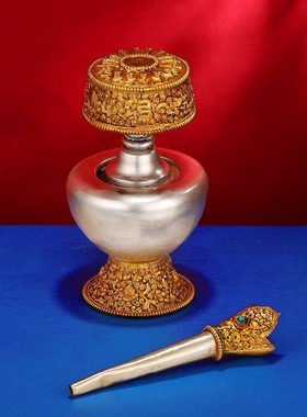 尼泊尔铜鎏金鎏银无嘴贲巴壶文巴壶净水壶藏式居家供具用品净水瓶