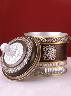 藏式风八吉祥合金糌粑盒款雕刻红银双色果盘收纳罐直筒罐家用摆