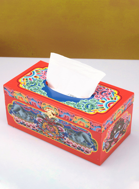 藏式八吉祥纸巾盒实木印花用品家居用品财宝抽纸盒客厅餐巾纸盒子
