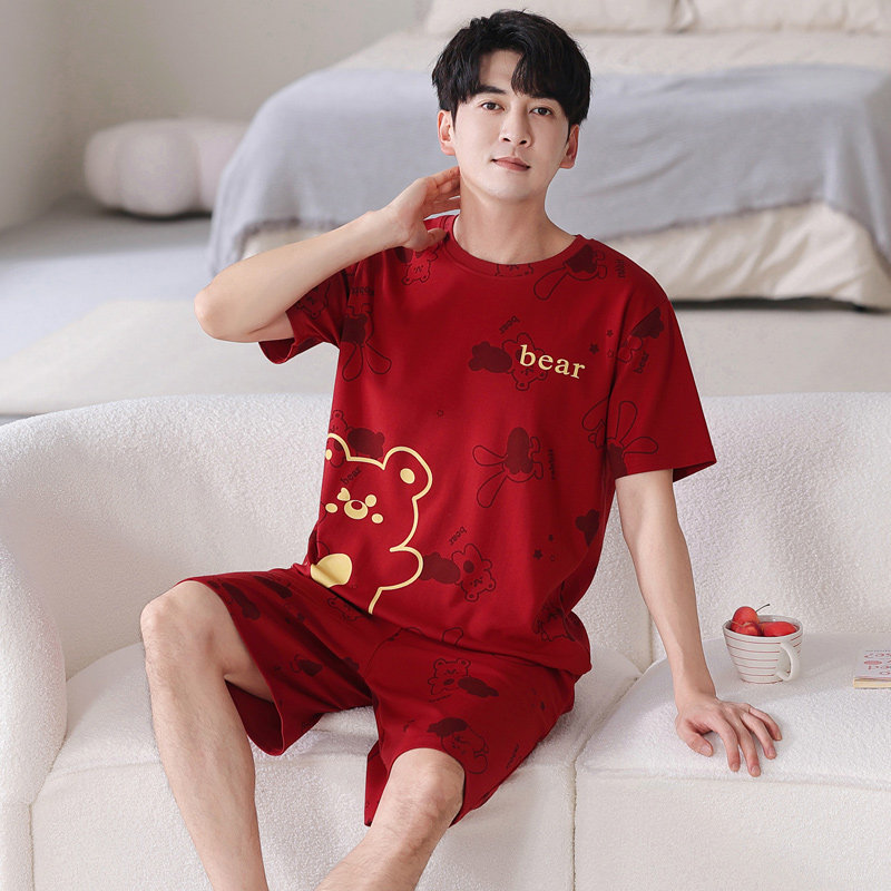 2套价红色情侣女夏短袖纯棉睡裙 舒适日记睡衣/家居服套装