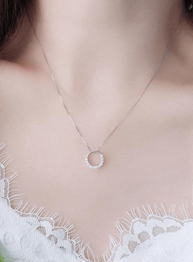 S925莫桑石项链ins风镶钻简约光环吊坠女款时尚轻奢镀银锁骨链