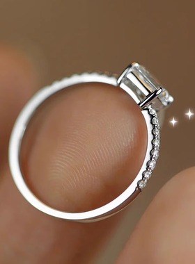 S925纯银莫桑石戒指细条形冰糖长方形方糖钻戒叠戴食指戒闭口指环