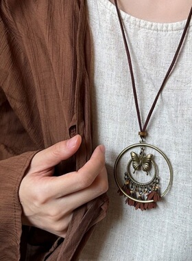 波西米亚咖色复古流苏项链嬉皮名族风小众2026新款蝴蝶吊坠毛衣链