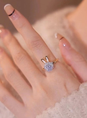 韩国可旋转锆石兔子开口戒指轻奢小众气质食指戒甜美时尚手饰批发