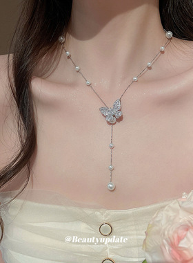 真金电镀锆石蝴蝶珍珠流苏项链网红风锁骨链超仙甜美高级感颈链女