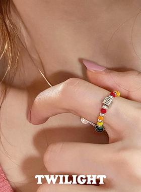 彩虹串珠笑脸925弹力戒指设计