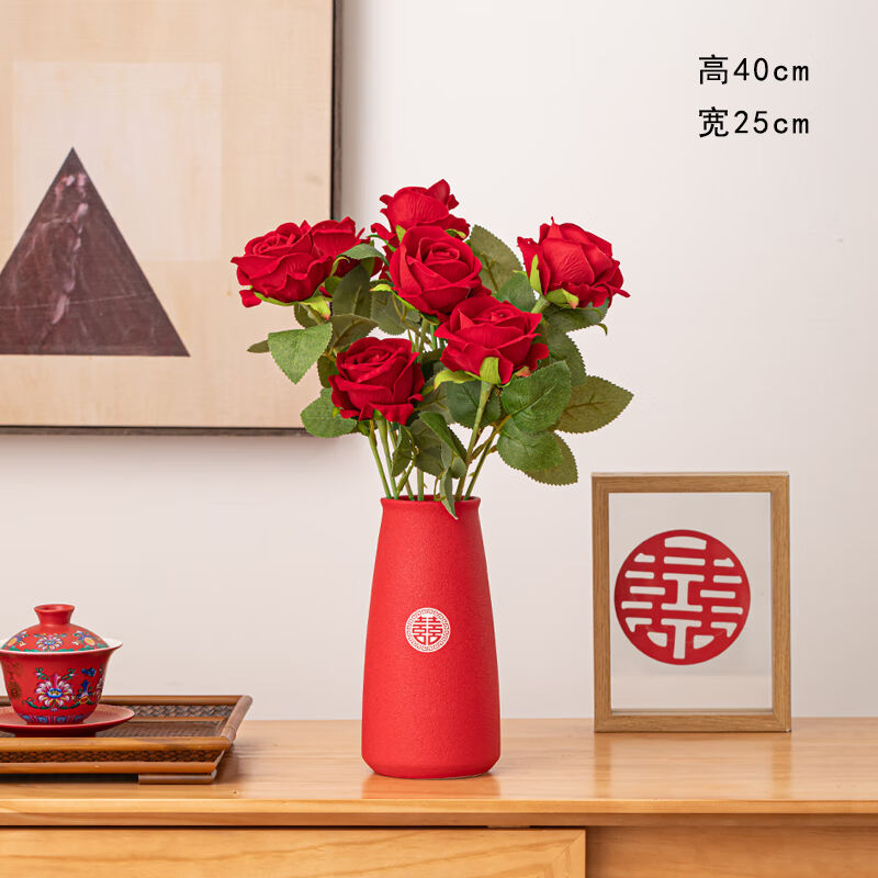 枔北结婚喜庆红色陶瓷花瓶摆件新中式客厅电视柜插花水培装饰品喜-图0