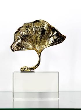 2026纯铜水晶新中式招财银杏叶摆件书房客厅装玄关装饰摆件送礼